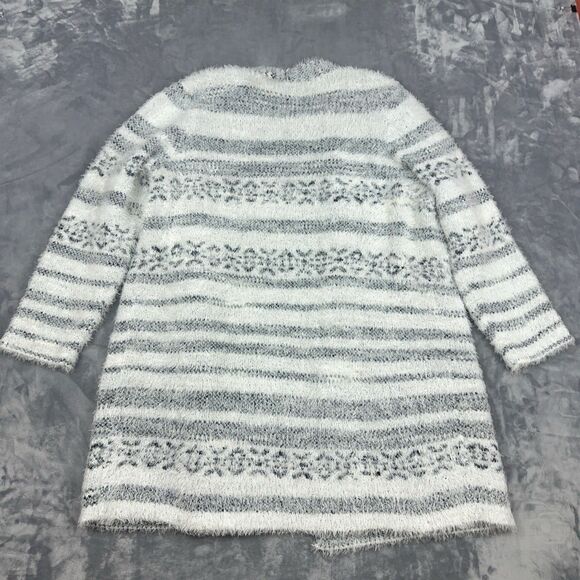 CJ Banks Sweater Womens Sz 1X White Black Fuzzy Knit Open Front Cardigan Tunic - Picture 2 of 7